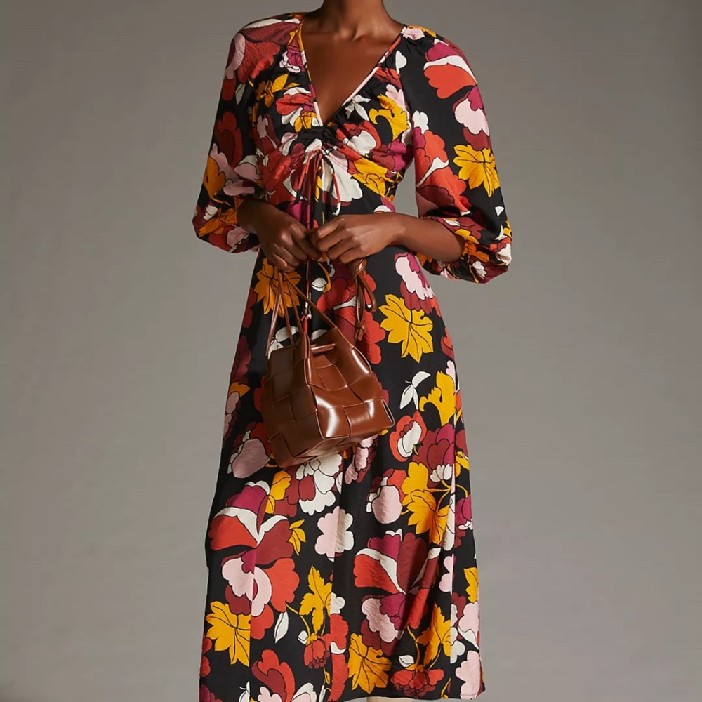 Anthropologie Maeve Deep-V Ruched Midi Dress